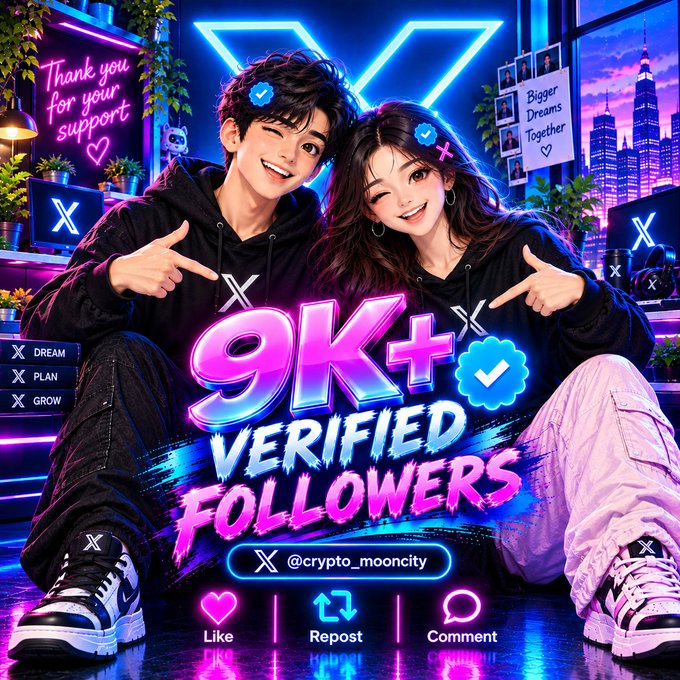 A vibrant anime-style graphic celebrates reaching "9K+ VERIFIED FOLLOWERS" for @crypto_mooncity, showing two characters posing in front of neon-lit screens displaying "Thank you for your support" and "Bigger Dreams Together," with Like, Repost, and Comment prompts at the bottom. The colorful illustration matches the post's call-to-action, emphasizing milestone achievement and encouraging engagement to reach the 9K follower goal.