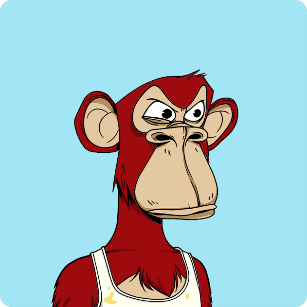 A cartoon illustration of an angry-looking red monkey with furrowed brows, wearing a stained white tank top, set against a light blue background.