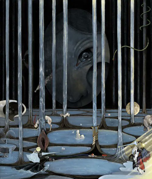 Surreal painting showing a giant face peering through vertical bars or tree trunks, with small figures, birds, and crescent moons in the misty foreground below.