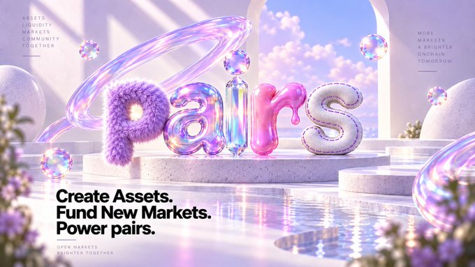 A dreamy, iridescent 3D-rendered banner displays the word "Pairs" in pink and lavender bubble-letter typography, surrounded by floating bubbles and a pastel sky, with the text "Create Assets. Fund New Markets. Power pairs." and "OPEN MARKETS. BRIGHTER TOGETHER." visible. The promotional post ties into the banner by inviting users to drop their SOL (Solana) wallet addresses, with the first 222 responders receiving something—a likely reference to funding or being listed on the "Pairs" platform.