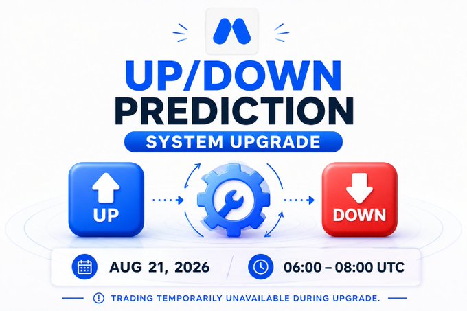A system upgrade notification for an Up/Down Prediction trading system scheduled for August 21, 2026, from 06:00-08:00 UTC, stating that trading will be temporarily unavailable.
