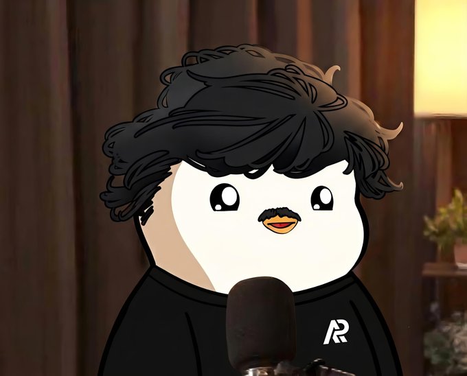 An animated white duck-like cartoon character with messy black hair and a mustache sits in front of a microphone wearing a black hoodie with an 'R' logo.