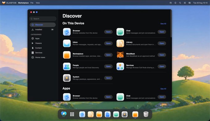 The image shows the Elastos Marketplace application running on macOS, displaying its "Discover" window with various categories like Inbox, Chat, Library, Marketplace, and MetaMask, all labeled "On This Device," alongside an Apps section—visually illustrating the post's claim of ElastOS as a "sovereign OS for the internet" that provides a secure, unified platform for accessing decentralized apps and services.