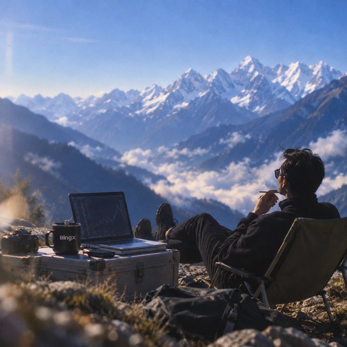 A person reclines in a chair high in the mountains, gazing at snow-capped peaks while their laptop displays market charts and a "BingX" branded mug sits beside them. The scene captures the essence of "above the clouds, below the trades" — finding serenity above the markets while monitoring crypto movements below.