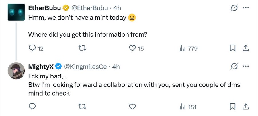 A screenshot of a Twitter exchange where verified user @EtherBubu calls out @KingmilesCe (MightyX) for falsely claiming "we don't have a mint today" and questioning the source, to which MightyX admits "Fck my bad...." and pivots to requesting a collaboration via DMs. The image illustrates the post's warning about influencers spreading unverified information for attention.