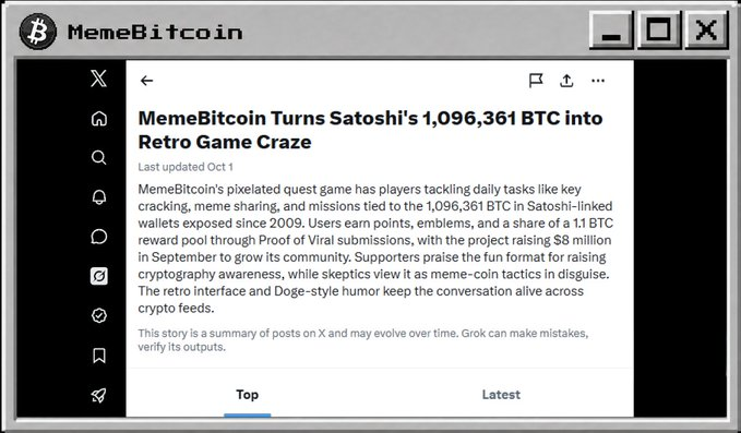 Article screenshot titled 'MemeBitcoin Turnsatoshi's 1,096,361 BTC into Retro Game Craze' discussing a pixelated quest game with Proof of Viral submissions, displayed in a retro 'MemeBitcoin' window frame.