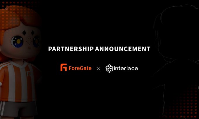 A dark promotional graphic announcing a 'PARTNERSHIP ANNOUNCEMENT' between ForeGate and Interlace, featuring a 3D animated character in a striped shirt.