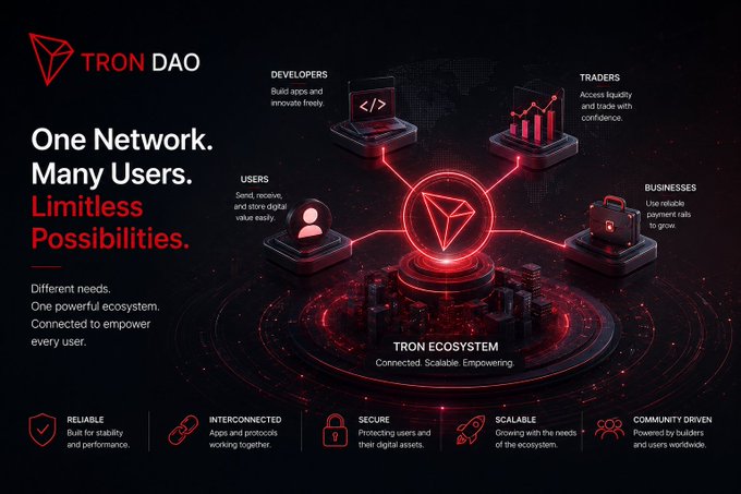 A promotional graphic for TRON DAO with the tagline 'One Network. Many Users. Limitless Possibilities.' showcasing its ecosystem for developers, traders, users, and businesses.