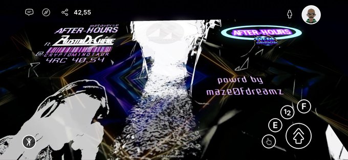 A stylized virtual world/event scene titled 'AFTER-HOURS' featuring the text '@CAPTAINKODIAUR 4ARC 40_54' and 'powrd by maze0fdreamz' with 42,55 currency displayed in the corner.