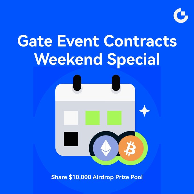 A promotional graphic for "Gate Event Contracts Weekend Special" on a blue background, featuring a calendar icon with Ethereum (ETH) and Bitcoin (BTC) coin symbols, advertising an opportunity to share a $10,000 airdrop prize pool through trading BTC/ETH price movements during the event.