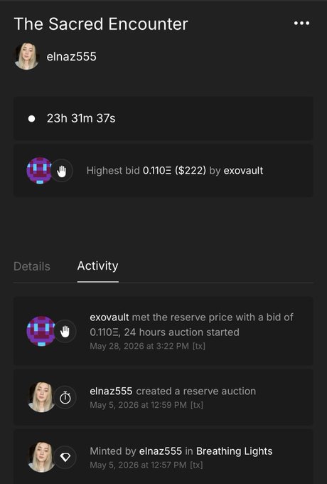 "Auction started Really excited to see @exolorian has received a bid from @elina5535 on SR Really grateful to know you resonated with this piece Truly appreciate your support!! Current bid: 0.11 eth".