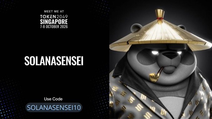 A stylized panda character wearing an Asian conical hat and smoking a pipe appears alongside promotional text for TOKEN2049 Singapore (7-8 October 2026), with the username "SOLANASENSEI" and discount code "SOLANASENSEI10" featured on a dark background. The image serves as a meetup announcement from SolanaSensei to connect with fellow Solana enthusiasts at the conference.