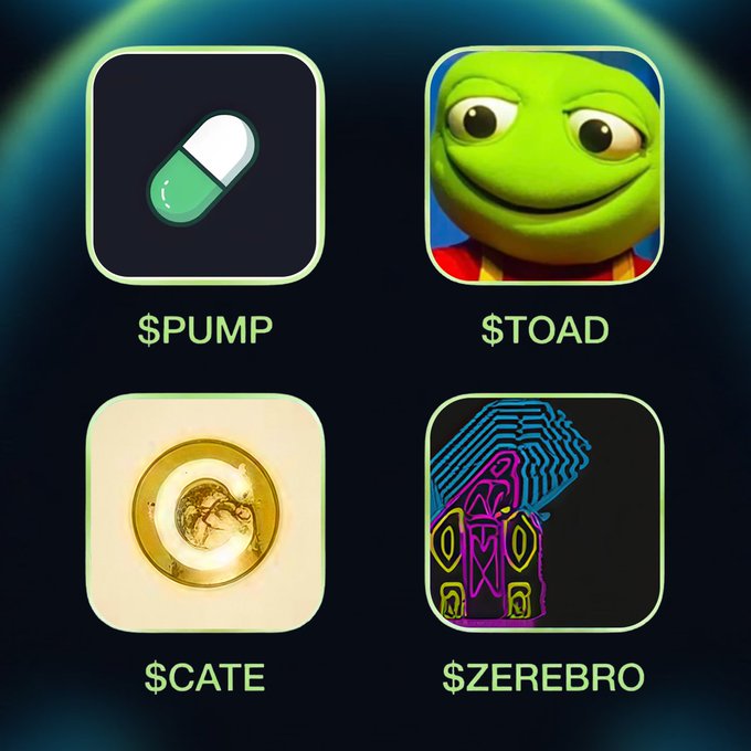 A grid displaying four cryptocurrency tokens with their tickers: $PUMP (pill icon), $TOAD (green frog character), $CATE (gold coin), and $ZEREBRO (neon neon-style skull logo), representing the top smart money buys.