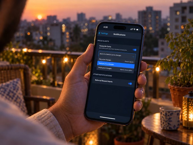 A person on a rooftop terrace at sunset holds a smartphone displaying the WazirX app's Notifications settings, where the "Medium price changes" option is selected under Price Alerts—visually echoing the post's message about customizing price alert preferences so traders won't be disturbed by minor market moves.