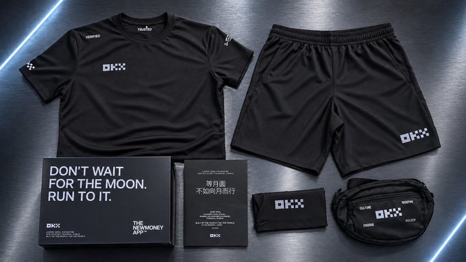 A flat-lay product display shows a black athletic t-shirt and shorts set with 'OKX' branding, accompanied by a card reading 'DON'T WAIT FOR THE MOON. RUN TO IT. THE NEW MONEY APP'.