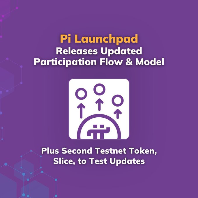 The image features a purple background with white text that reads "Pi Launchpad releases Updated Participation Flow & Model" along with an arrow pointing towards the bottom of the image, indicating the direction of the information. The text also mentions that there are two new tests available for testing updates and that they can be taken on Pi Day.