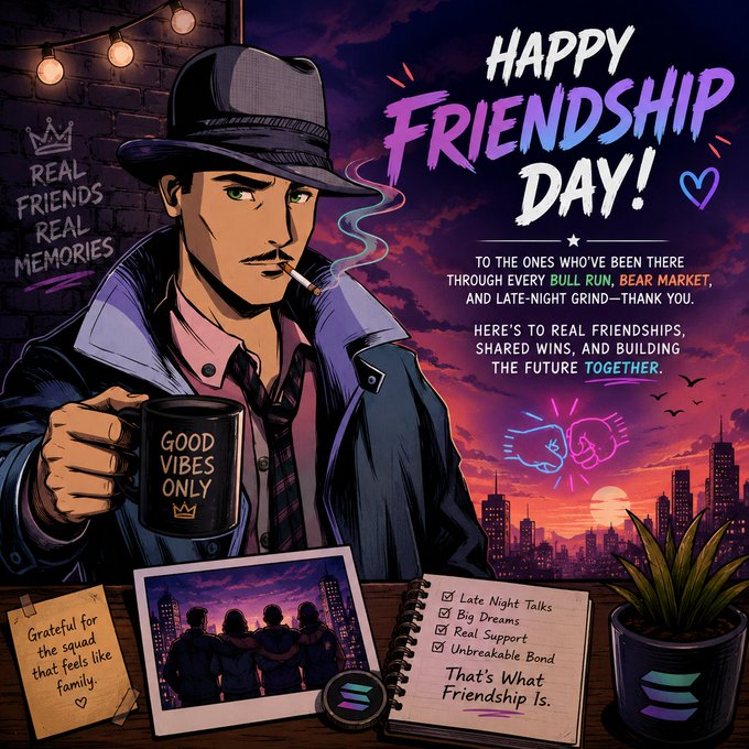 A vibrant Friendship Day greeting illustration showing an anime-style man in a fedora smoking a cigarette and holding a 'GOOD VIBES ONLY' mug, with the text 'HAPPY FRIENDSHIP DAY!' and 'TO THE ONES WHO'VE BEEN THERE THROUGH EVERY BULL RUN, BEAR MARKET, AND LATE-NIGHT GRIND—THANK YOU.'