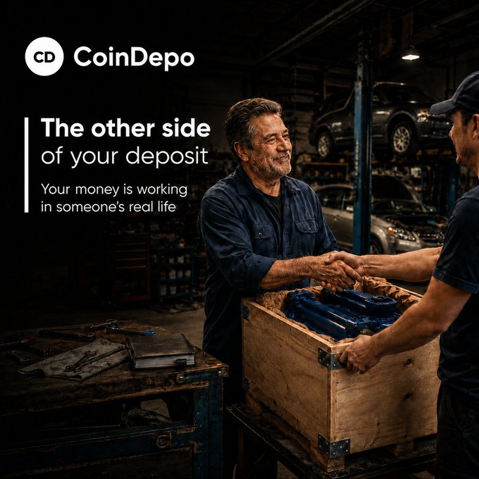 A CoinDepo ad featuring two men shaking hands over a wooden crate containing what appears to be a blue engine component in an auto repair shop, with the tagline "The other side of your deposit - Your money is working in someone's real life," illustrating how deposited crypto funds support real-world borrowers like the mechanic needing cash for car parts.