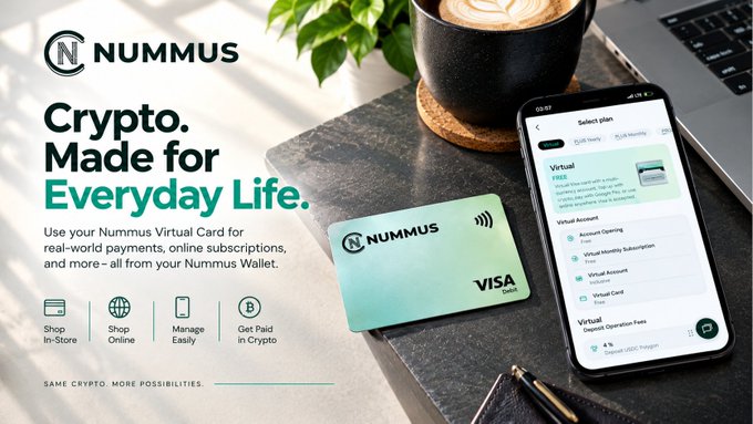 Marketing banner for 'NUMMUS - Crypto. Made for Everyday Life.' featuring a green virtual Visa debit card and a smartphone displaying the app interface, highlighting features: Shop In-Store, Shop Online, Manage Easily, and Get Paid in Crypto. Tagline: 'SAME CRYPTO. MORE POSSIBILITIES.'