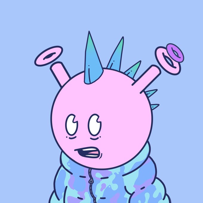 A cartoon character with a pink spherical head, blue spikes, halo-like rings on antennae, and a blue/purple patterned hoodie appears worried or surprised. The quirky illustration complements the post celebrating affection for the @quirkiesnft collection.