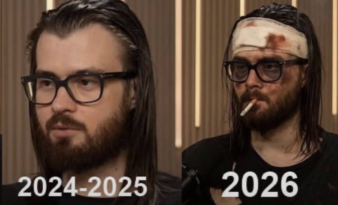 A side-by-side comparison meme showing a young man with glasses and a beard in '2024-2025' (clean appearance) versus '2026' (wearing a blood-stained bandage and smoking a cigarette).