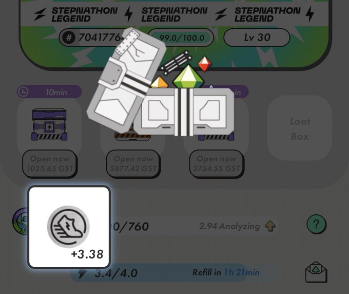 The image shows a screenshot of an app screen with various icons, including a white square icon that reads "open now" and another icon labeled "refill in 1 min". The text "stepn" can also be seen in the image. The main focus is on the "open now" icon, which indicates that the app is ready to use at the moment.