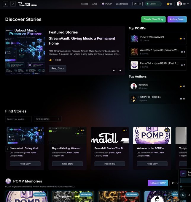 Screenshot of a 'PermaTell' webpage titled 'Discover Stories' featuring a 'Featured Story' called 'StreamVault: Giving Music a Permanent Home' about uploading music, alongside sections for 'Top POMPs', 'Top Authors', and 'Find Stories'.