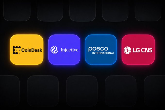 Digital graphic displaying four colored app-style icons with logos for CoinDesk, Injective, POSCO International, and LG CNS.