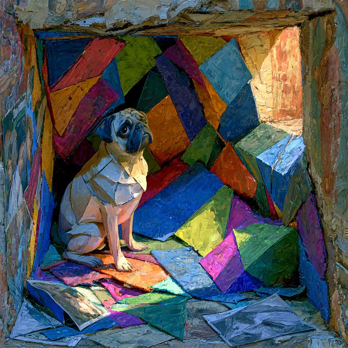 An impressionistic oil painting of a pug dog wearing a white shirt, sitting in front of a colorful geometric abstract background with textured brushstrokes.