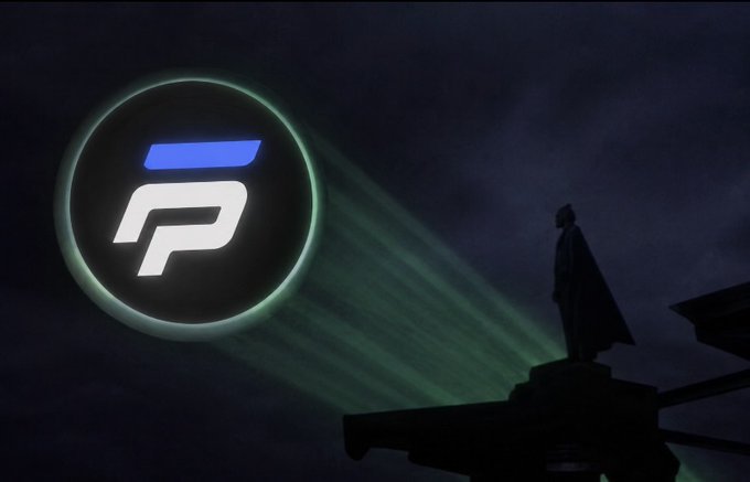 A dark, atmospheric digital artwork shows the glowing Pump.fun logo (a 'P' in a circle) emitting a beam of green light toward a silhouetted caped figure standing on a structure.