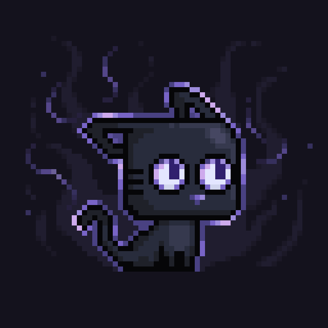 A pixel art illustration of a dark blue/purple cat-like creature with large white eyes set against a dark background.