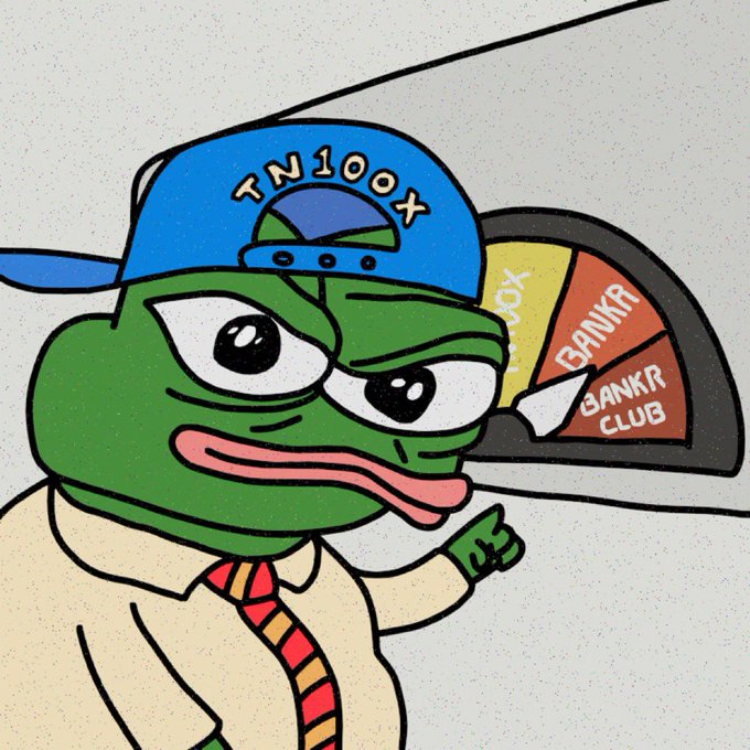 A cartoon illustration of a Pepe frog wearing a blue hat with 'TN100X', a white shirt, and a striped tie, standing in front of a gauge pointing to 'BANKR CLUB'.
