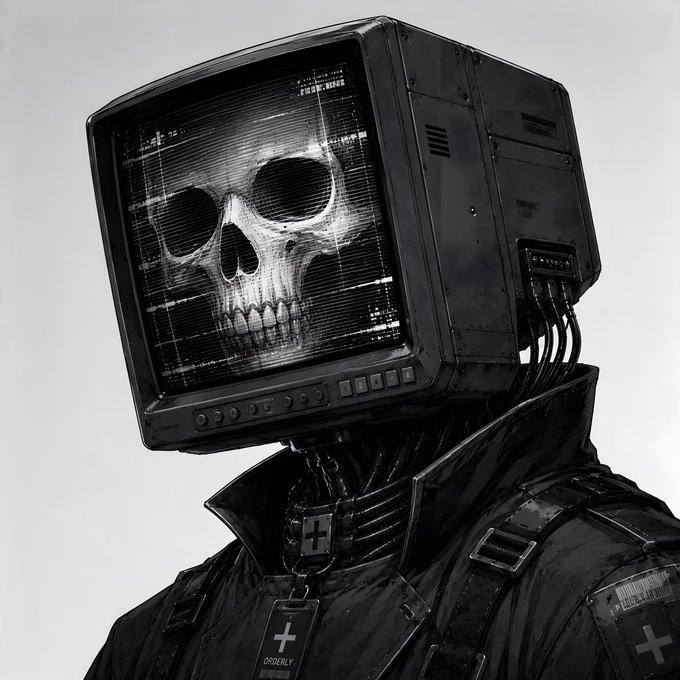 A dark, atmospheric digital artwork depicting a humanoid figure with a skull displayed on an old CRT monitor as its head, wearing a jacket with cross-marked dog tags reading 'ORDERLY'.