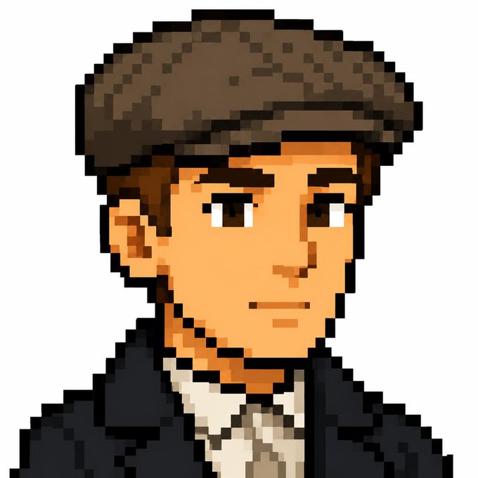 A pixel art avatar of a young man with brown hair, thick eyebrows, and a black jacket over a white shirt, rendered in a retro 16-bit style.

The image likely represents the Twitter/X profile picture of the poster promoting their NFT project "MINT" going live on OpenSea, using the avatar as their personal branding for the launch announcement and allowlist collaboration with other crypto/NFT collections.