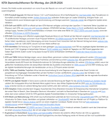 A document titled 'IOTA tokenized Heroes for Monday, Jan 28.08.2020' lists announcements and updates about tokenized intellectual property rights.