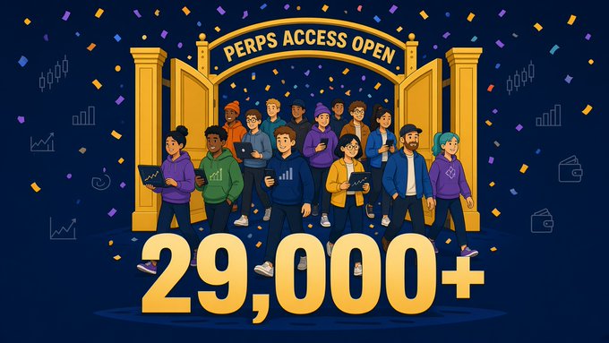 A promotional graphic reads 'PERPS ACCESS OPEN' above an illustration of a diverse group of people, with '29,000+' displayed prominently in gold lettering.