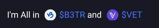 A promotional graphic displaying the text 'I'm All in $B3TR and $VET' alongside their respective circular blue logos on a dark background.