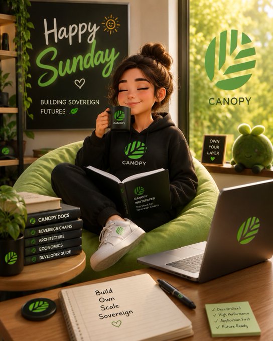 A young woman lounges on a bean bag surrounded by Canopy-branded merchandise, with a "Happy Sunday - Building Sovereign Futures" chalkboard and items labeled "Canopy Whitepaper," "Canopy Docs," "Sovereign Chains," "Architecture," "Economics," and "Developer Guide," along with sticky notes reading "Build Own Scale Sovereign" and "Decentralized, High Performance, Application First, Future Ready" — visually reinforcing the post's message about Canopy (CNPY) redefining blockchain infrastructure by enabling sovereign, application-specific chains rather than relying on shared infrastructure.