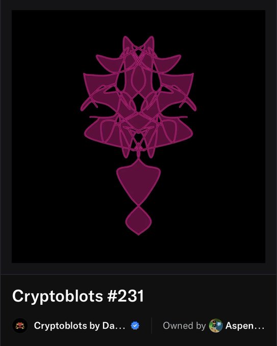 A digital art piece titled 'Cryptoblots #231' showing a symmetrical purple and magenta abstract design on a black background, credited to 'Cryptoblots by Da...' and 'Owned by Aspen...'.