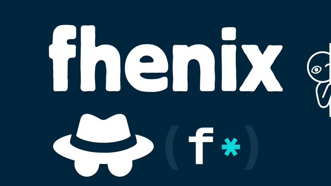 Logo for 'fhenix' displayed in white lowercase text on a dark navy background, featuring a small character in a fedora hat alongside a stylized '(f*)' notation.