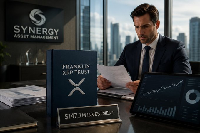 A man in a suit at a desk reviewing documents, with a folder labeled 'FRANKLIN XRP TRUST' and a plaque reading '$147.7M INVESTMENT' in front of him, set against a 'SYNERGY ASSET MANAGEMENT' backdrop.