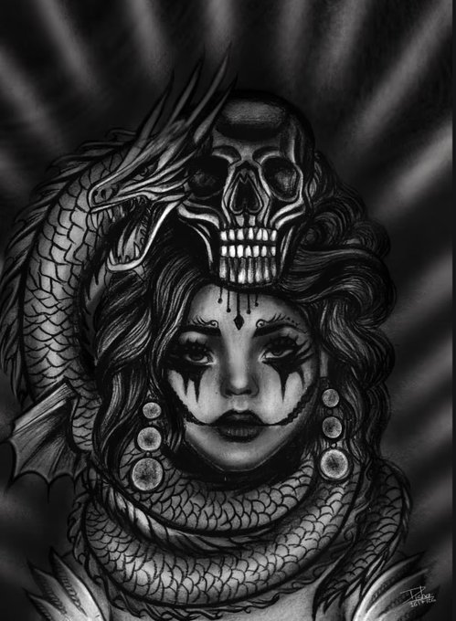 A detailed black and white illustration featuring a woman with dark, tear-like face paint and a large skull perched on her head, surrounded by a coiled dragon or serpent.
