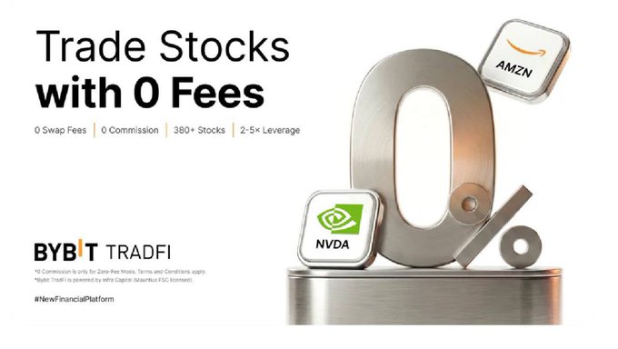 A promotional banner for Bybit TradFi advertising "Trade Stocks with 0 Fees," highlighting benefits like 0 swap fees, 0 commission, 380+ stocks, and 2-5x leverage, featuring visual references to major stocks like AMZN and NVDA. This aligns with the post about using USDT to trade U.S. stocks on Bybit's zero-fee platform as an alternative to sluggish crypto market charts.