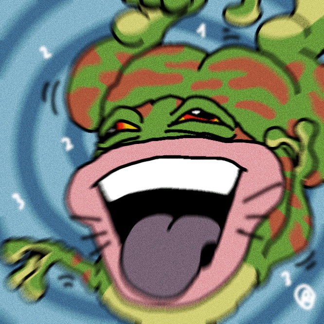 A cartoon frog character with green and orange patches is depicted with its mouth wide open in an exaggerated expression, and there's a small "@" symbol visible in the bottom right corner. The image's chaotic, energetic vibe aligns with the "MINT VIBE" theme referenced in the post, likely promoting a Toad-themed NFT collection on OpenSea.