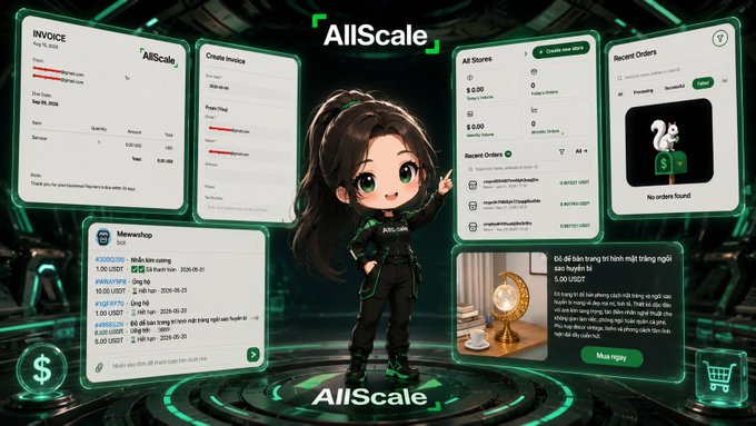 A promotional graphic for 'AllScale' features a chibi-style anime girl in the center, surrounded by UI mockups of an invoicing and online store application.