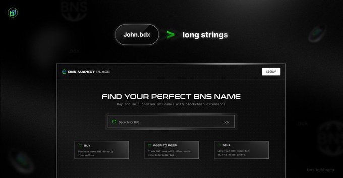 A dark-themed screenshot of the 'BNS MARKET PLACE' displays 'John.bdx > long strings' and includes search functionality for buying, peer-to-peer trading, and selling BNS names at bns.bsidex.io.