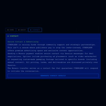 A dark webpage screenshot showing navigation tabs 'HOME', 'ABOUT', 'CONTACT' and a 'CONTACT' section describing CYBERLEEK as a rising gaming and cryptocurrency community, ending with a 'GENERATE CONTACT DETAILS' button.