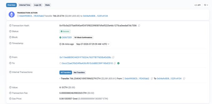 The screenshot displays an Ethereum blockchain transaction showing a transfer of 766.254 ETH ($2,091,835.61) from address `0x199e8859044...` to the GIWA wallet `0xcc02aecf5624f0bA30cf81E0c0BEc59F19bCD010` on block 26067309, appearing to lend visual support to claims of a suspected "stealth launch" rug pull.