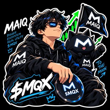 An anime-style illustration features a character wearing sunglasses alongside a black cat, both branded with 'MAIQ' and '$MQX' logos, with text reading 'BIGGER ECOSYSTEM REAL UTILITY $MQX' and 'TO THE MOON'.
