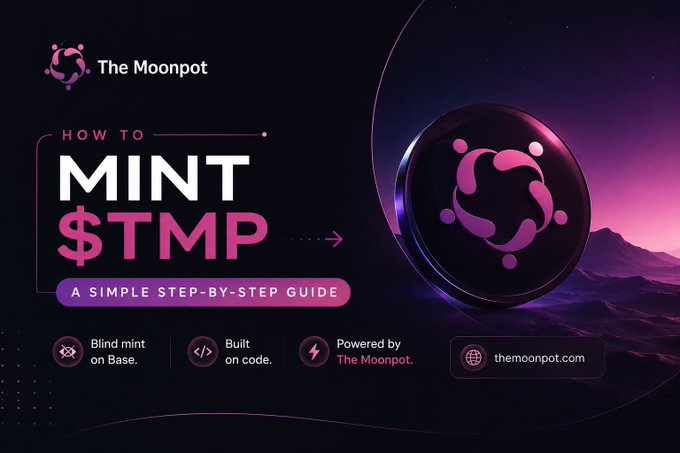 A promotional graphic titled 'HOW TO MINT $TMP' by 'The Moonpot', featuring a 3D coin and text 'A SIMPLE STEP-BY-STEP GUIDE', 'Blind mint on Base.', 'Built on code.', and 'Powered by The Moonpot.'